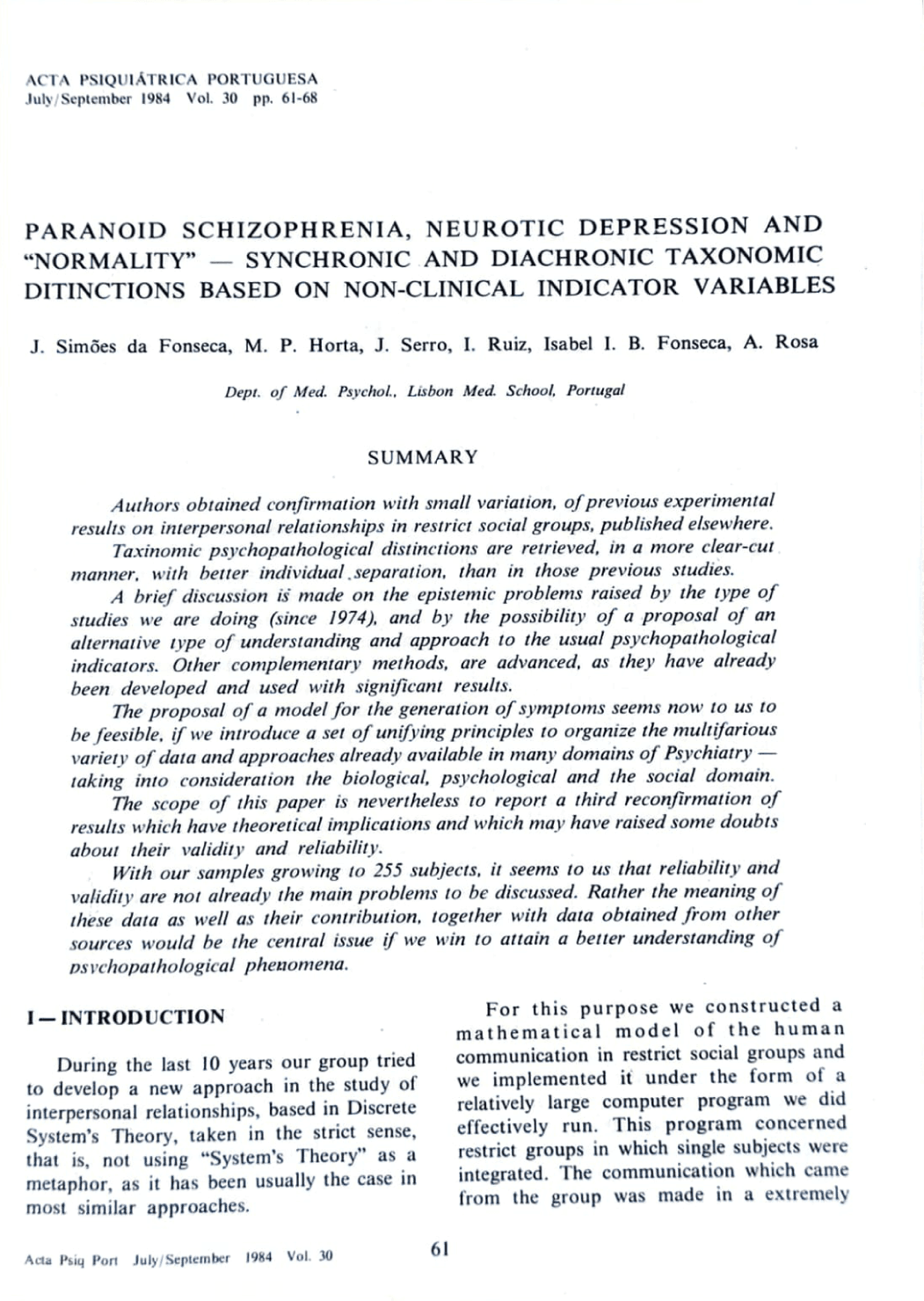 Paranoid schizophrenia, neurotic depression and "normality" — synchronic and diachronic taxonomic distinctions based on non-clinical indicator variables, página 61 (1 de 1)